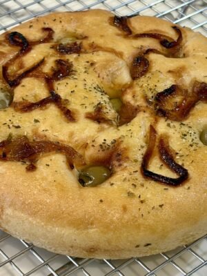 green olive & caramelised onion focaccia