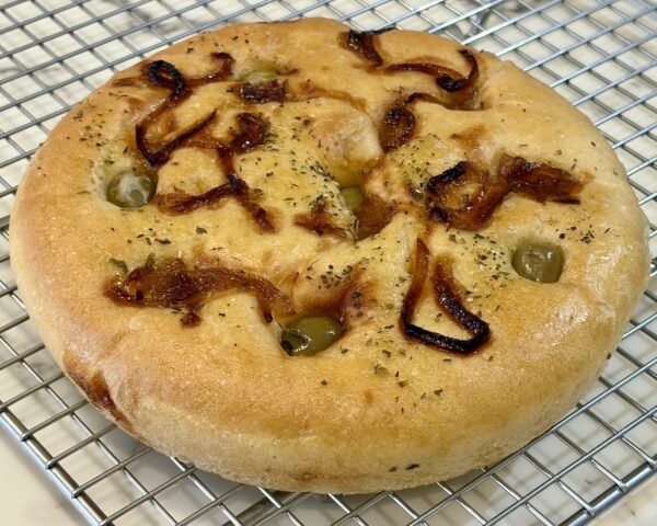 green olive & caramelised onion focaccia green olive & caramelised onion focaccia